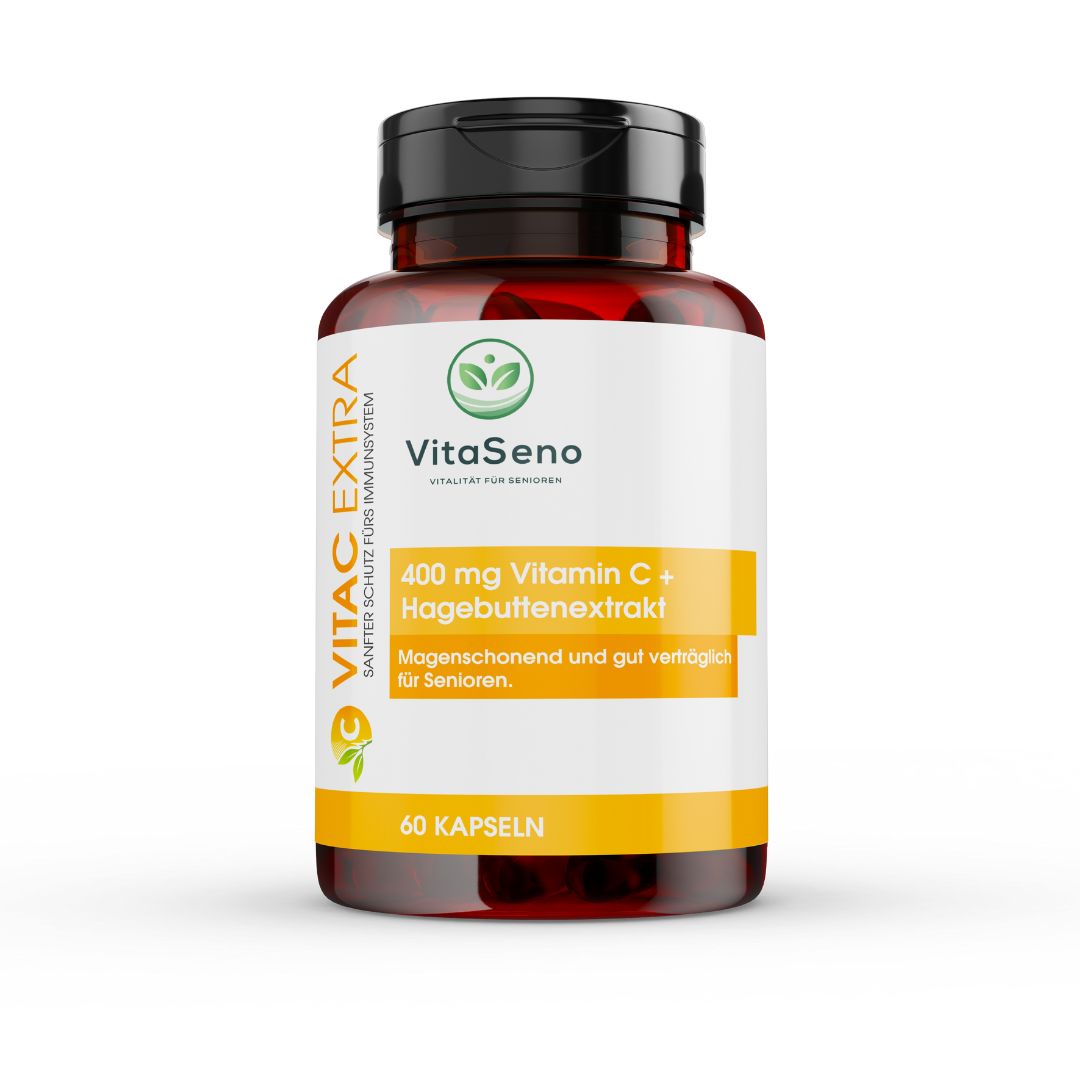 Vitamin C hochdosiert mit Hagebuttenextrakt – VitaC EXTRA, gut verträglich für Senioren, 60 Kapseln